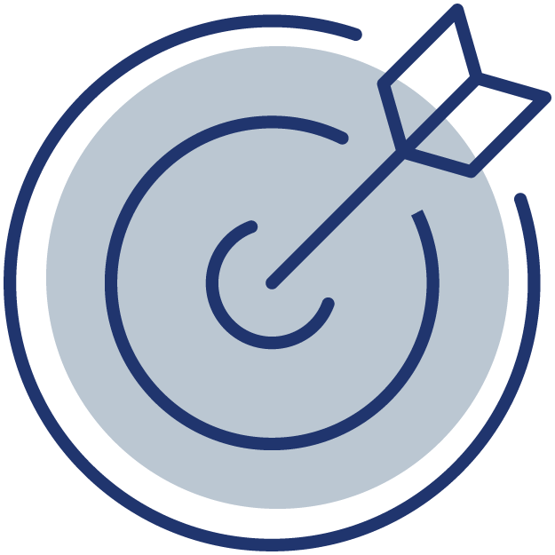 A stylized blue target with an arrow hitting the center, depicted with concentric circles and a simple arrow design.