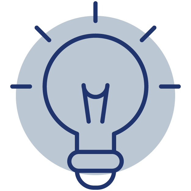 A simple blue line drawing of a light bulb with rays around it, symbolizing an idea or inspiration, on a gray circular background.