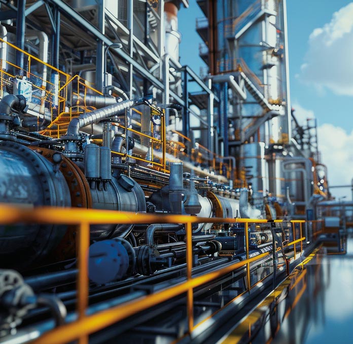 Industrial facility with metal pipes, tanks, and machinery, featuring safety railings and walkways under a bright blue sky with some clouds.