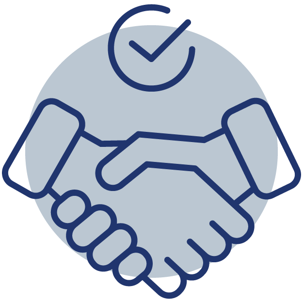 Two hands in a handshake with a check mark above