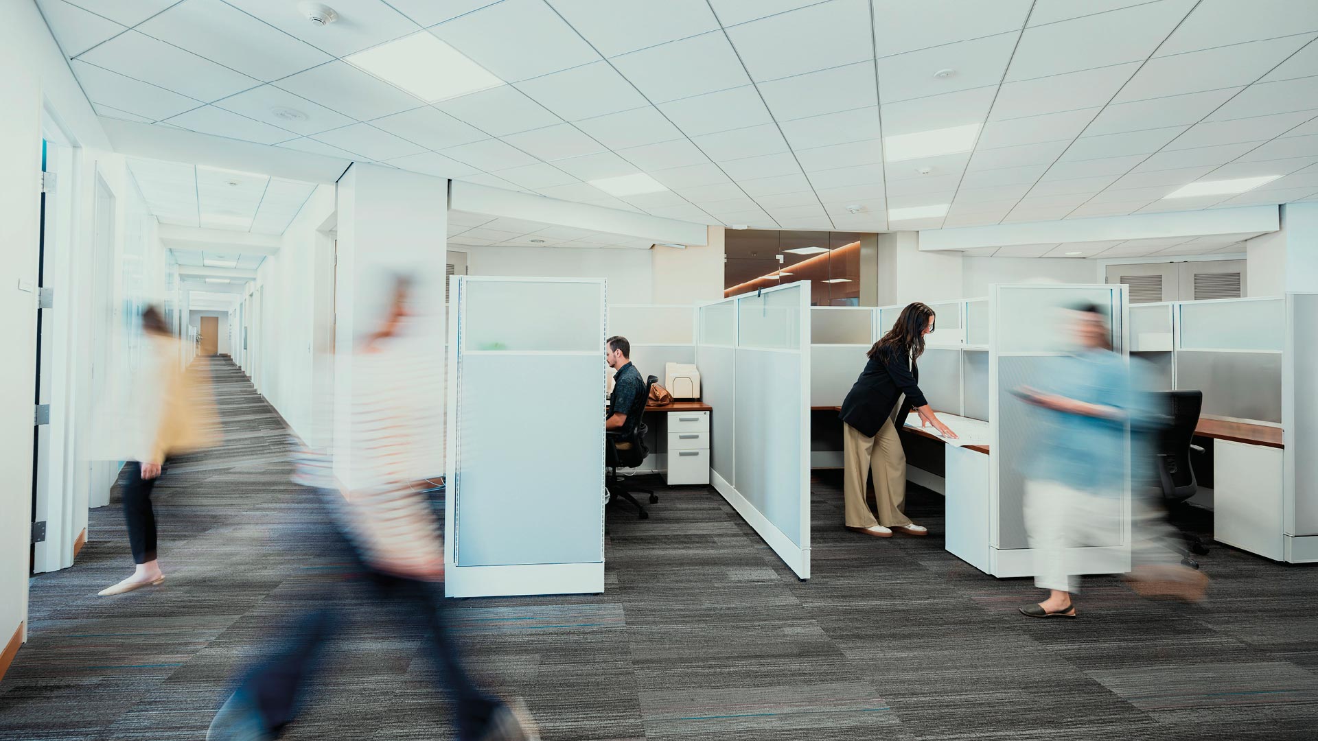 Modern office space with cubicles; some people are working at desks while others walk through the corridor, creating a sense of motion.