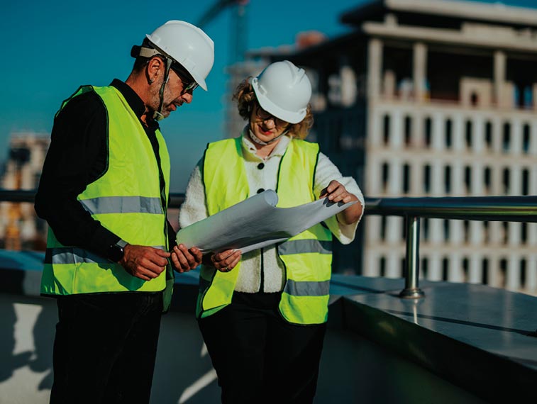 Two construction workers wearing safety vests and helmets examine blueprints on a rooftop, demonstrating effective construction project management with a building under construction in the background.