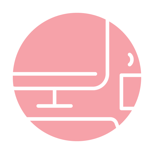 Minimalist illustration of a desktop computer, keyboard, and mouse outlined in white with a large pink circle in the background.