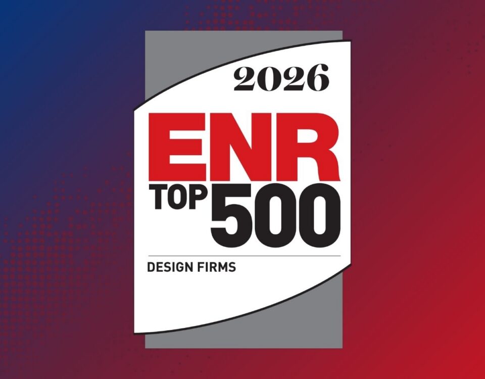 "2026 ENR Top 500 Design Firms" logo over a blue and maroon gradient