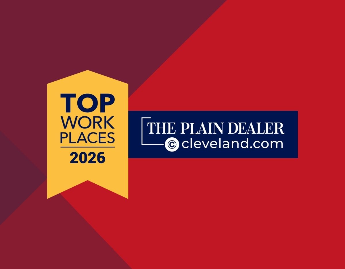 Graphic featuring a gold ribbon badge reading “Top Workplaces 2026” alongside The Plain Dealer and cleveland.com logo on a red and dark maroon geometric background.