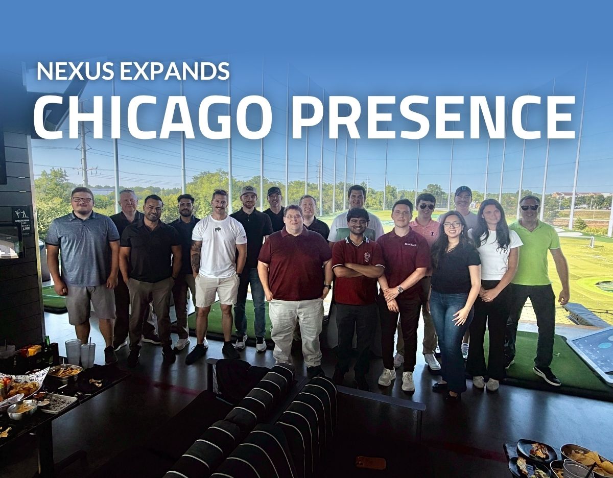 Nexus Chicago team group photo with "Nexus Expands Chicago Presence" text at the top
