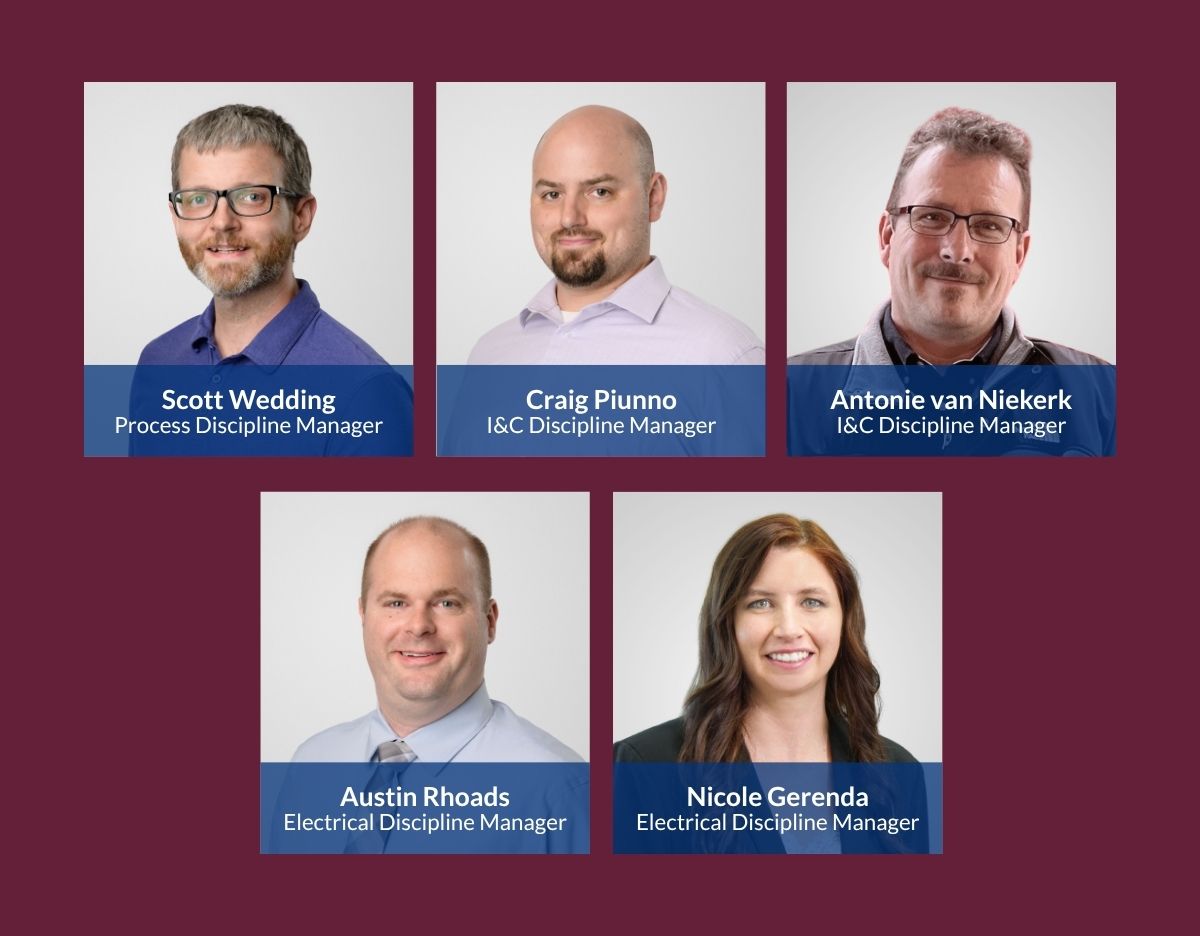Graphic announcing engineering discipline manager promotions at Nexus Engineering Group. Five professional headshots are displayed on a burgundy background in a two-row layout. The top row features three individuals labeled Process Discipline Manager, I&C Discipline Manager, and I&C Discipline Manager. The bottom row features two individuals labeled Electrical Discipline Manager. Each photo includes the individual's name and discipline manager title in white text over a blue banner at the bottom of the image.