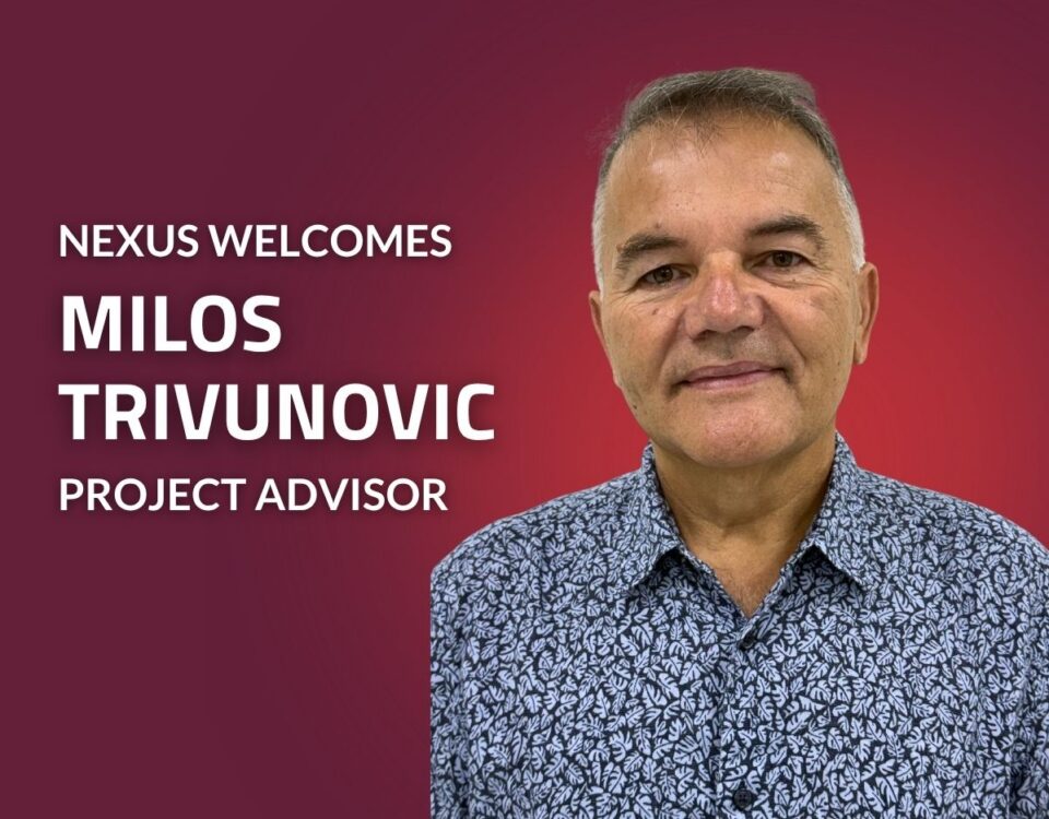 Promotional graphic with a red gradient background featuring a professional headshot on the right side. Large white text on the left reads, "NEXUS WELCOMES MILOS TRIVUNOVIC" with the title "PROJECT ADVISOR" displayed below. The graphic announces Milos Trivunovic joining Nexus Engineering Group as a Project Advisor.